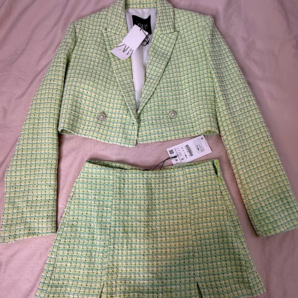 Zara Green Tweed Crop Blazer and Mini Skirt Set
